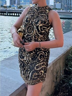 Black & Gold Sequin High-Neck Evening Dress